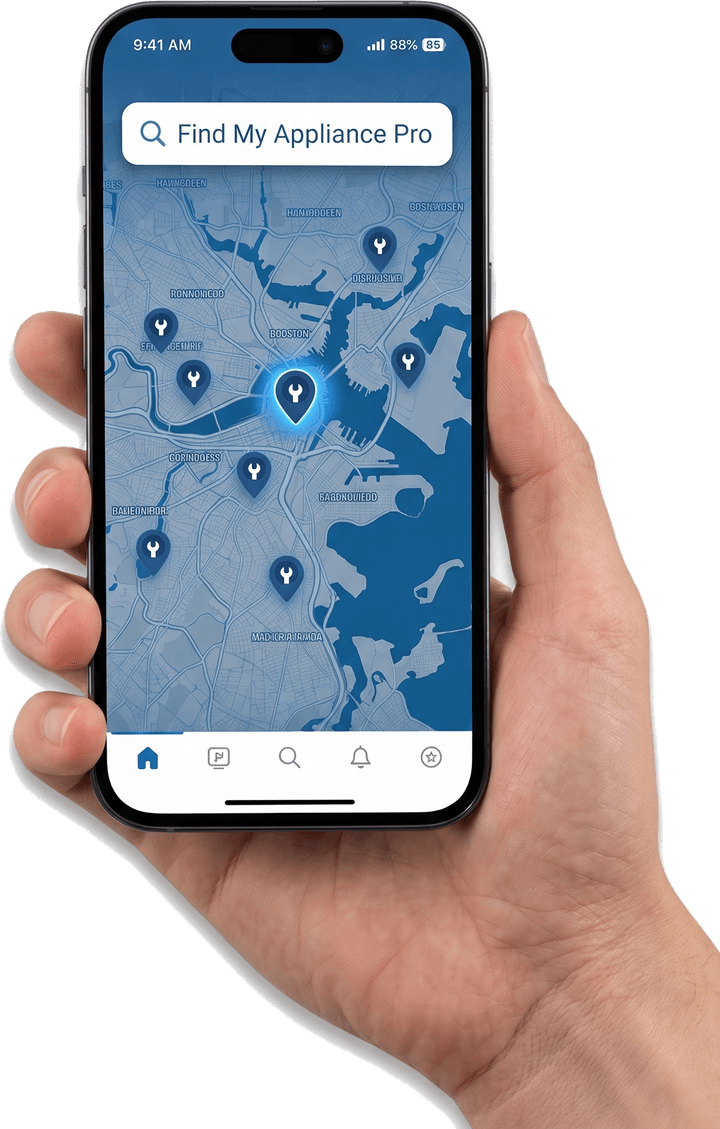 The Find My Appliances Pro app showing appliance-repair pros mapped across the Boston area